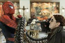 Which hero is teased in Spider-Man 2 when thinking of a name for Doc Ock?